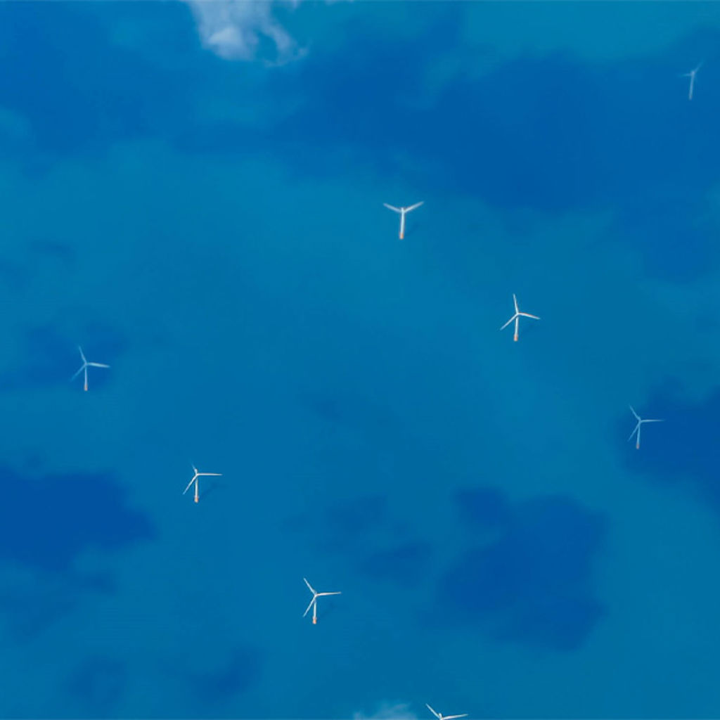 Aerial image of an offshore wind farm
