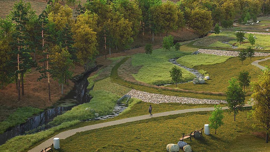 A person walking on a path in a park.