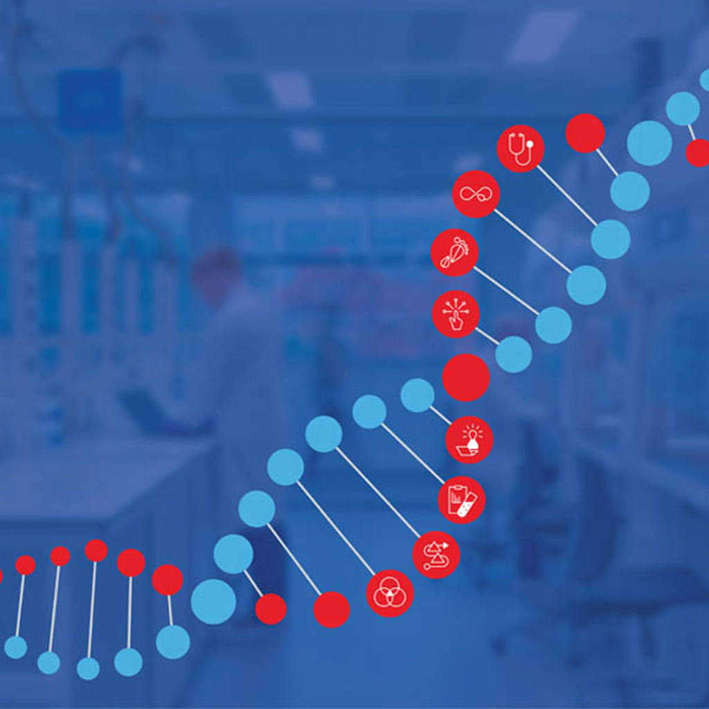 A DNA double helix illustration with a lab in the background