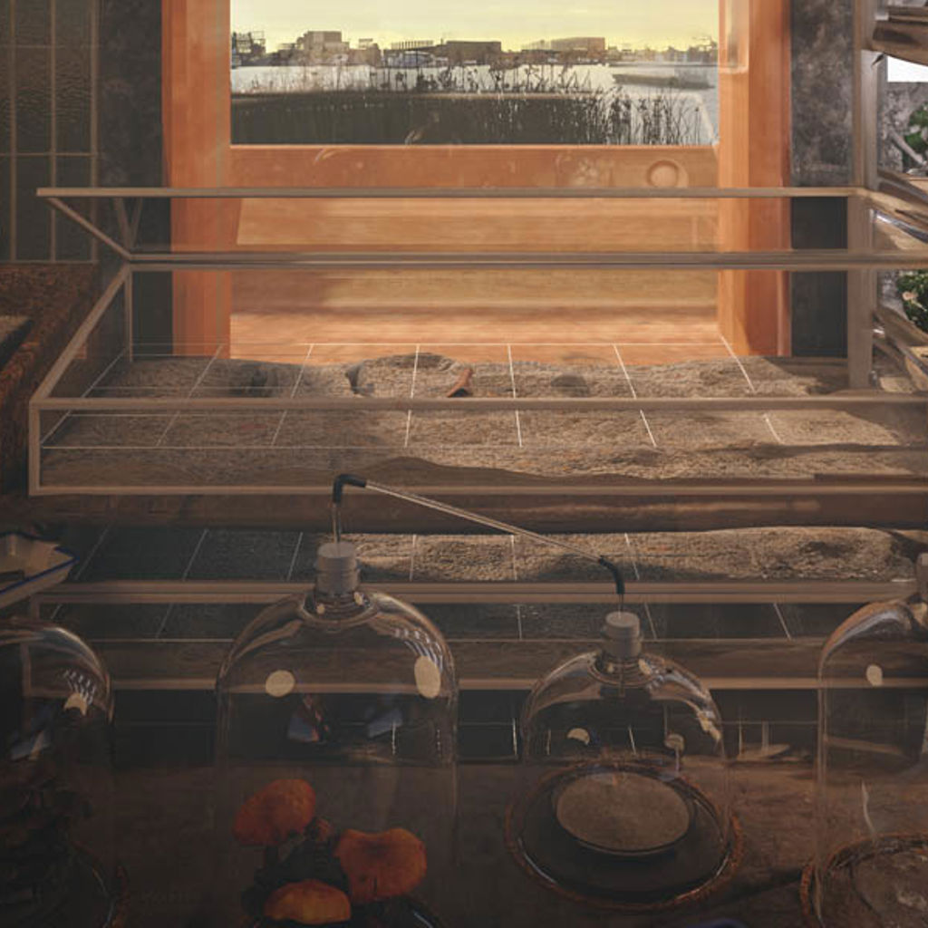 A window with a view of a city and a river.