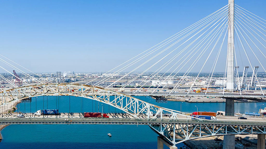 Side view of a cable-stayed bridge over water