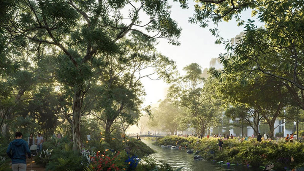 Artist impression of forest with river and walking tracks near a city