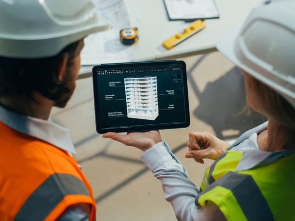 A few people wearing hard hats looking at a tablet.