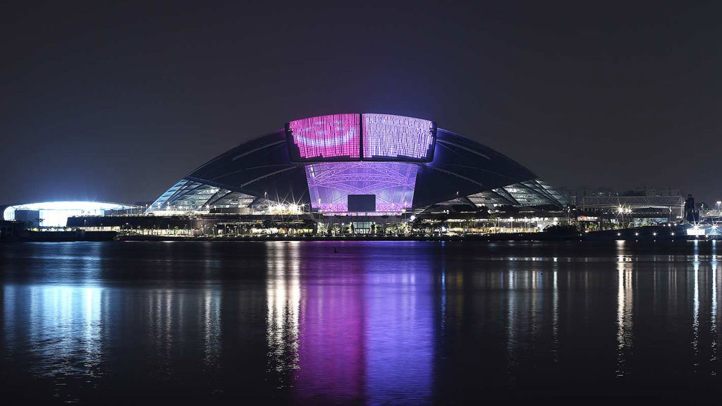 Singapore Sports Hub lit up at night