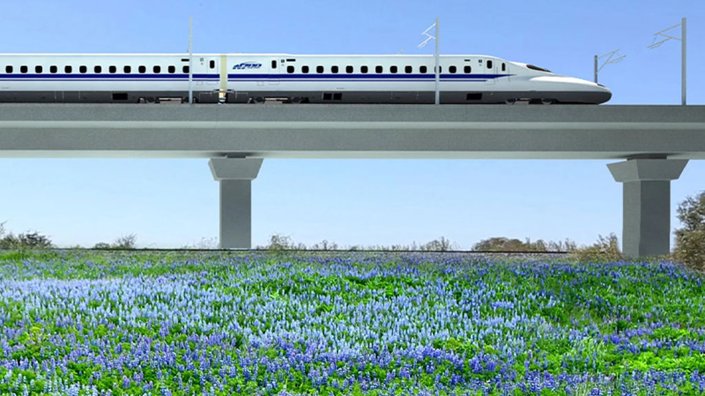 An elevated high-speed train over a field of flowers