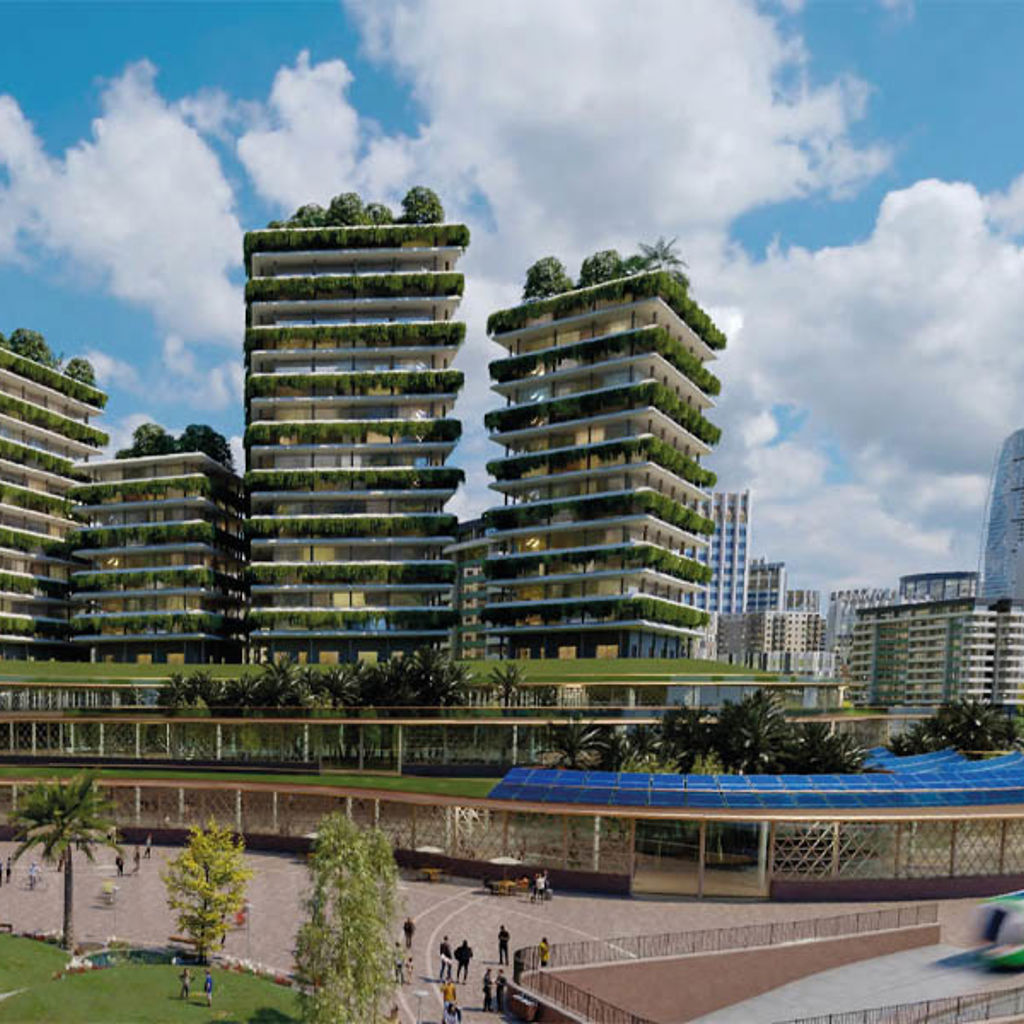 A group of buildings and road transport in a future city