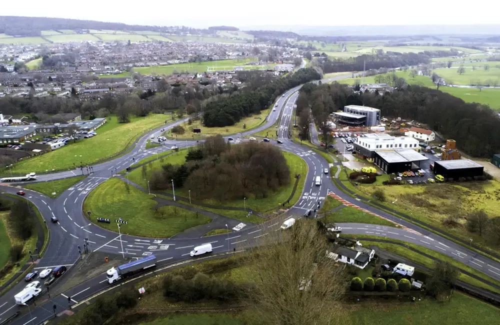 Aerial view of A66 Kemplay bank roundabout