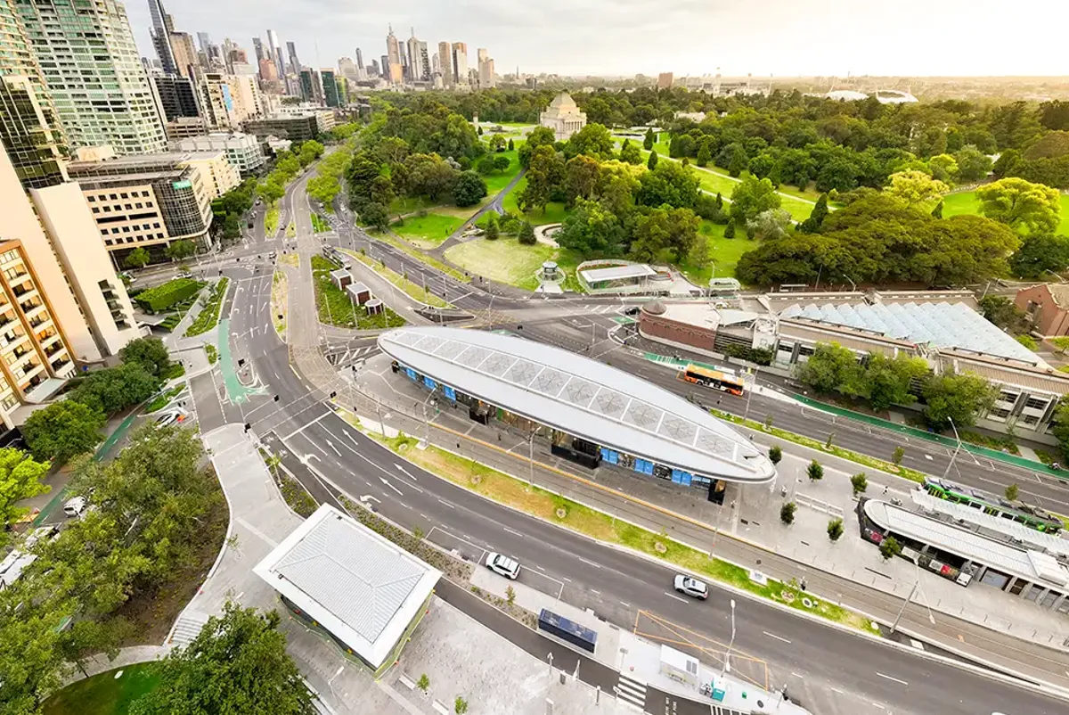 View over Anzac Station, showing the timber, surfboard shaped canopy