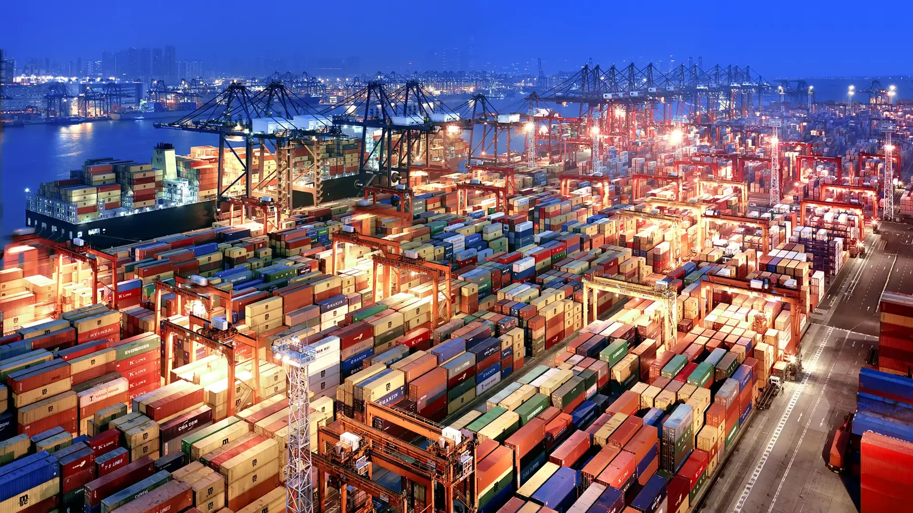 Aerial view of a port at night