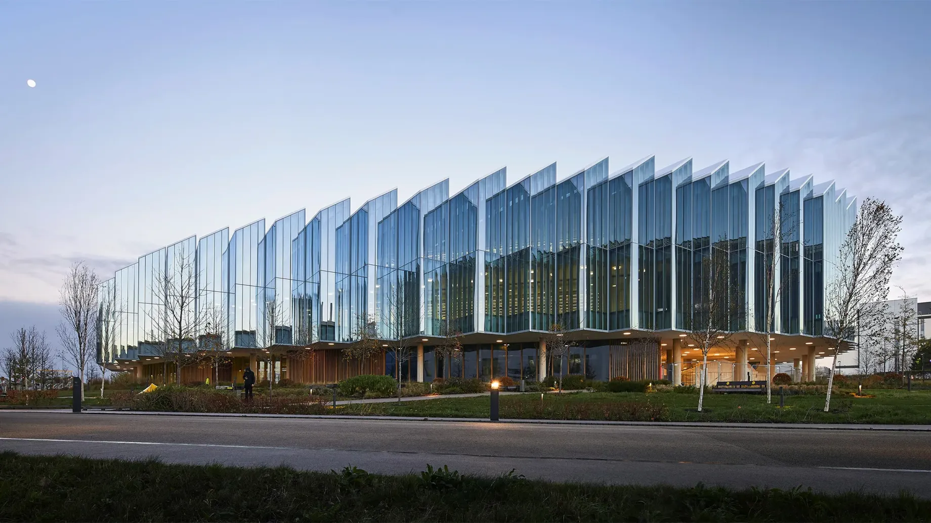 A large building with glass walls.