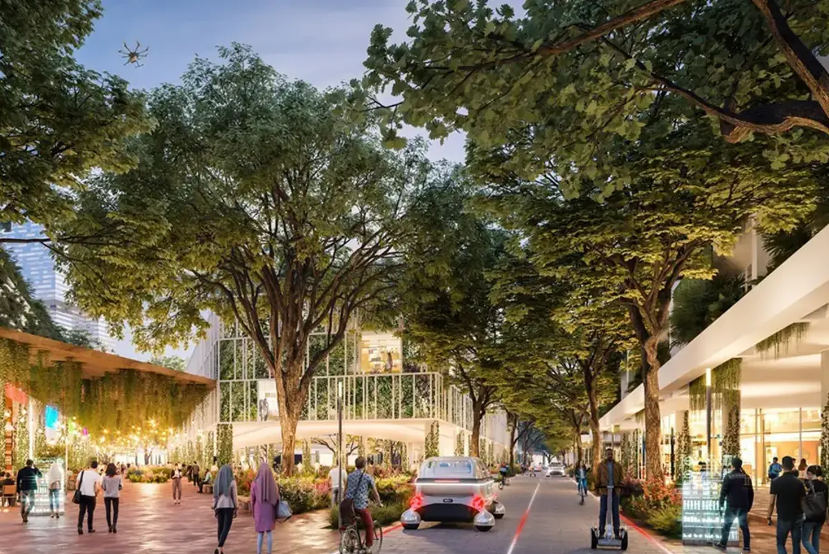 Artist impression of city street with trees, canopies that promote walking and cycling