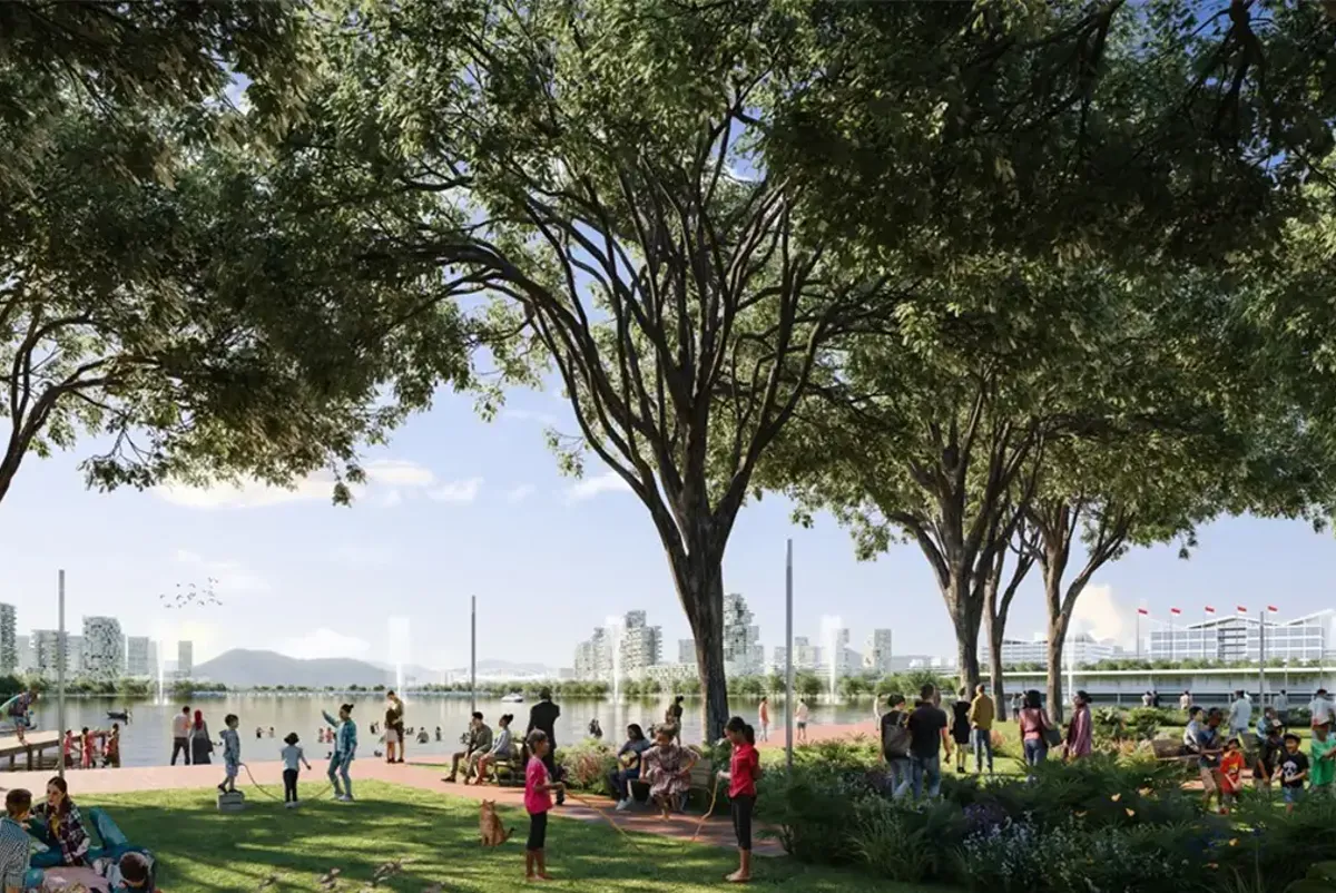 Artist impression of people enjoying waterfront parkland and gardens in a big city