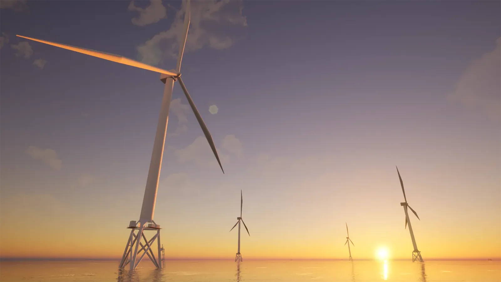 A group of offshore wind turbines at sunset