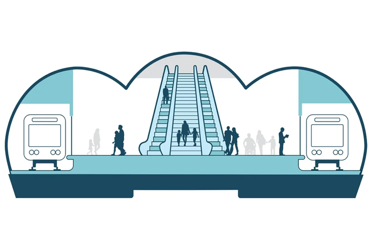 Diagram of a cross section of an underground station design with tunnels